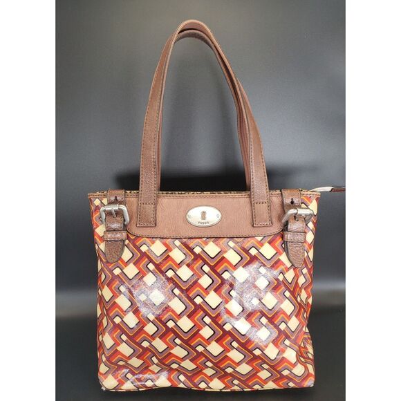 Fossil Key-Per Orange Canvas Tote Shoulder Bag Geometric Print - Picture 3 of 10